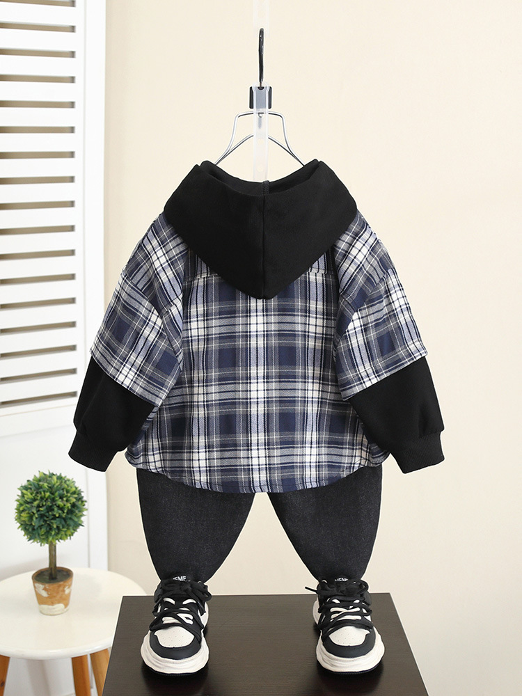 5989 Chaqueta de camisa con capucha de otoño para niños 2024 Nueva camisa a cuadros de manga larga de primavera y otoño para niños image 5