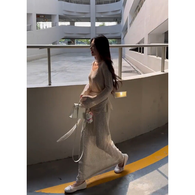老钱风松弛感贵气穿搭镂空长袖罩衫上衣时尚半身裙套装|undefined
