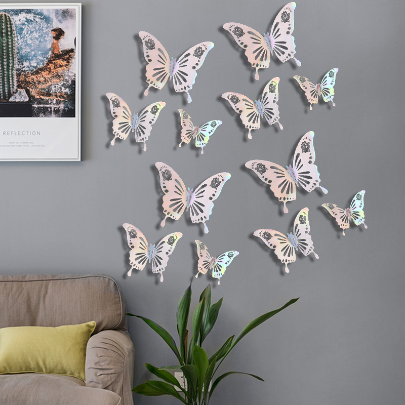 Cross-Border Shell Light Laser Colorful Butterfly Stickers 3D Stereo Colorful Butterfly Accessories Decoration Source Factory Wholesale