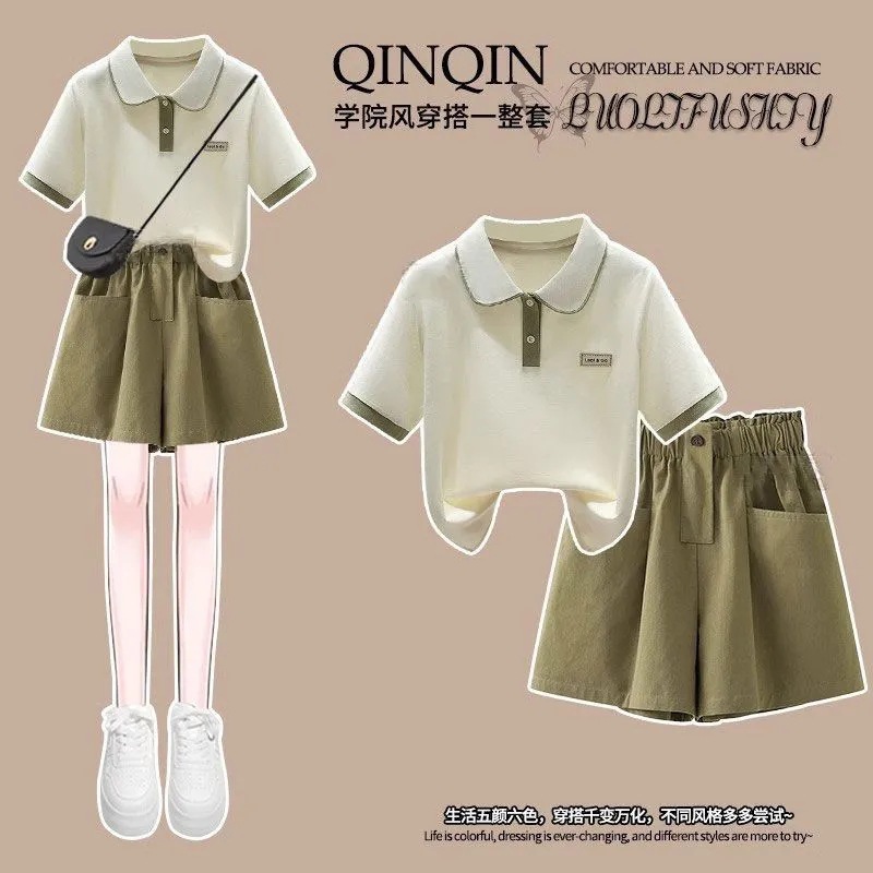 Girls Summer Suit 2025 New Preppy Style Medium and Large Kidsren's Summer Polo Shirt Short-Sleeved Casual Two-Piece Set