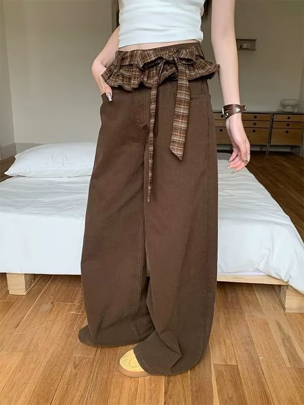 レトロメイラードブラウンレースストラップカジュアルパンツ女性の夏の新しいデザインルーズワイドレッグパンツウォーキングパンツ|undefined