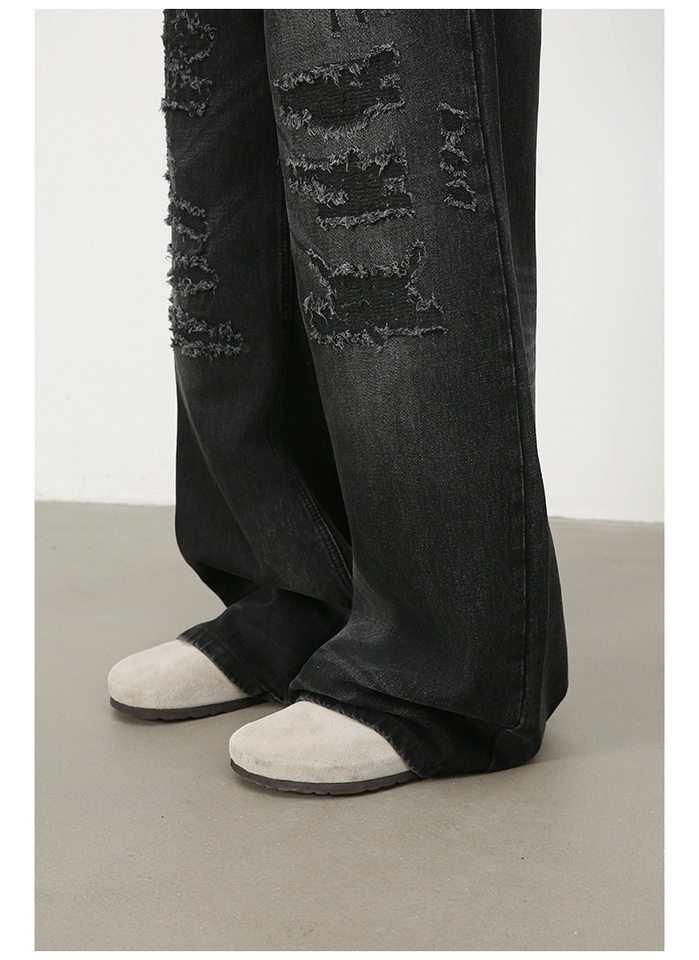 Quần jean nam ống rộng denim rách giặt cũ phong cách đường phố — Màu xanh lam, Đen xám chi tiết 12