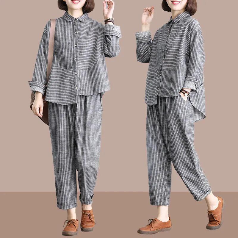 2022 Spring and Autumn New Retro Artistic Large Size Meat Covering Two-piece Casual Age-reducing Striped Slimming Fashionable Suit for Women 2022 Spring and Autumn New Retro Artistic Large Size Meat Covering Two-piece Casual Age-reducing Striped Slimming Fashionable Suit for Women