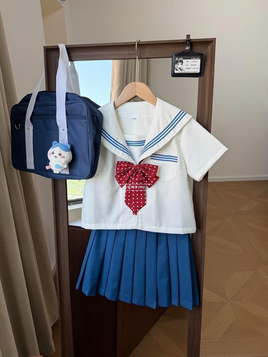 日系JK制服基础款穿搭白领蓝三本水手服百搭同色JK短裙学院风套装