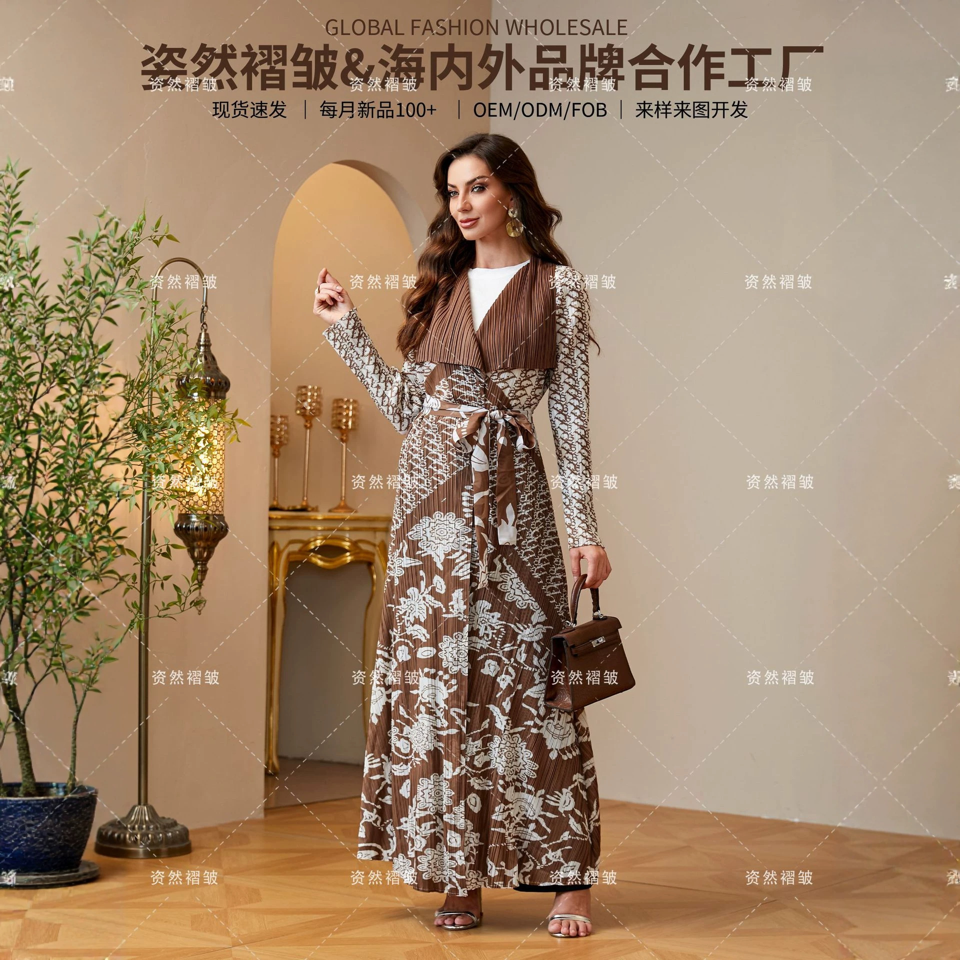 欧美大码女装长袍田园花卉压褶外套拼接褶皱轻奢聚会礼服收腰风衣