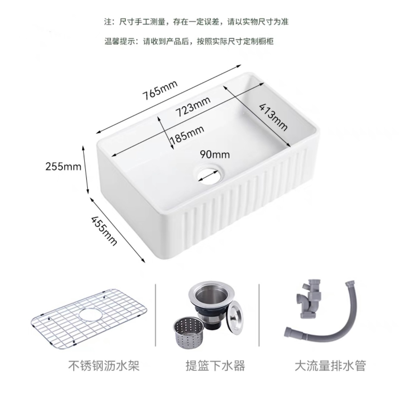 Cocina americana retro fregadero de cerámica de tierra refractaria grande fregadero de un solo tanque blanco versión frontal lavabo empotrado fregadero
