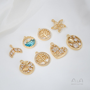 Color Preservation 14K Pack Real Gold Zircon Whale Tail Starfish Life Tree Tulip Pendant DIY Bracelet Necklace Pendant