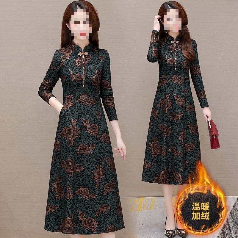 Improved cheongsam for moms dress Women's Chinese Spring Autumn and Winter high-end plus size waist slimming fleece-lined retro skirt