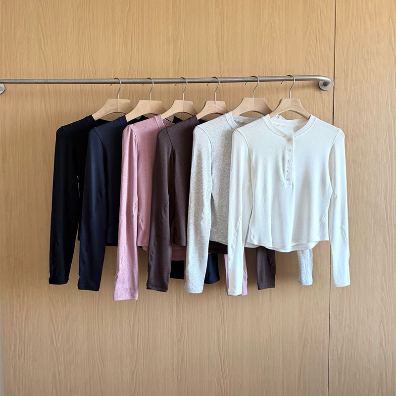 2026 new style, high-quality alternative to the Lulu brand, long-sleeved Henley shirt, round neck, slim-fit, and slimming T-shirt for fitness and yoga 2026 new style, high-quality alternative to the Lulu brand, long-sleeved Henley shirt, round neck, slim-fit, and slimming T-shirt for fitness and yoga