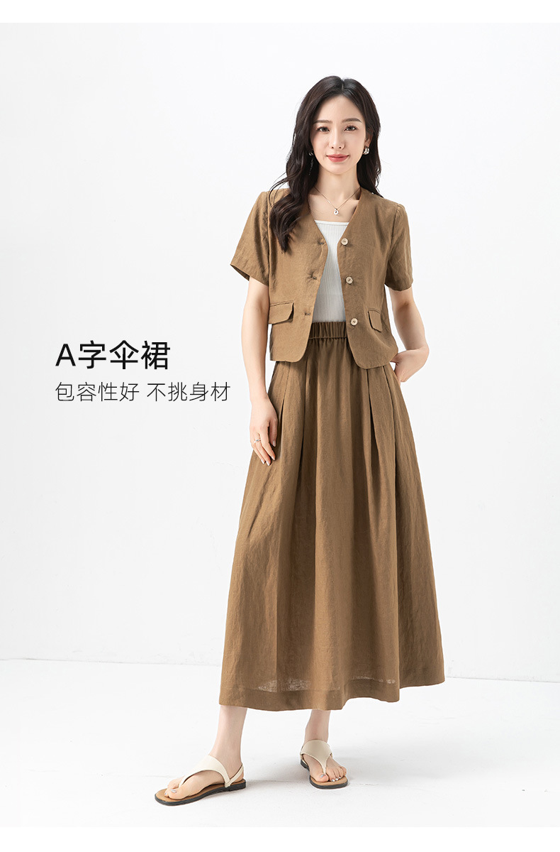 Bộ đồ vải lanh cổ điển Xinge cho nữ: áo khoác ngắn tay rộng rãi mỏng mùa hè và chân váy tôn dáng — Váy kaki (65356) chi tiết 17
