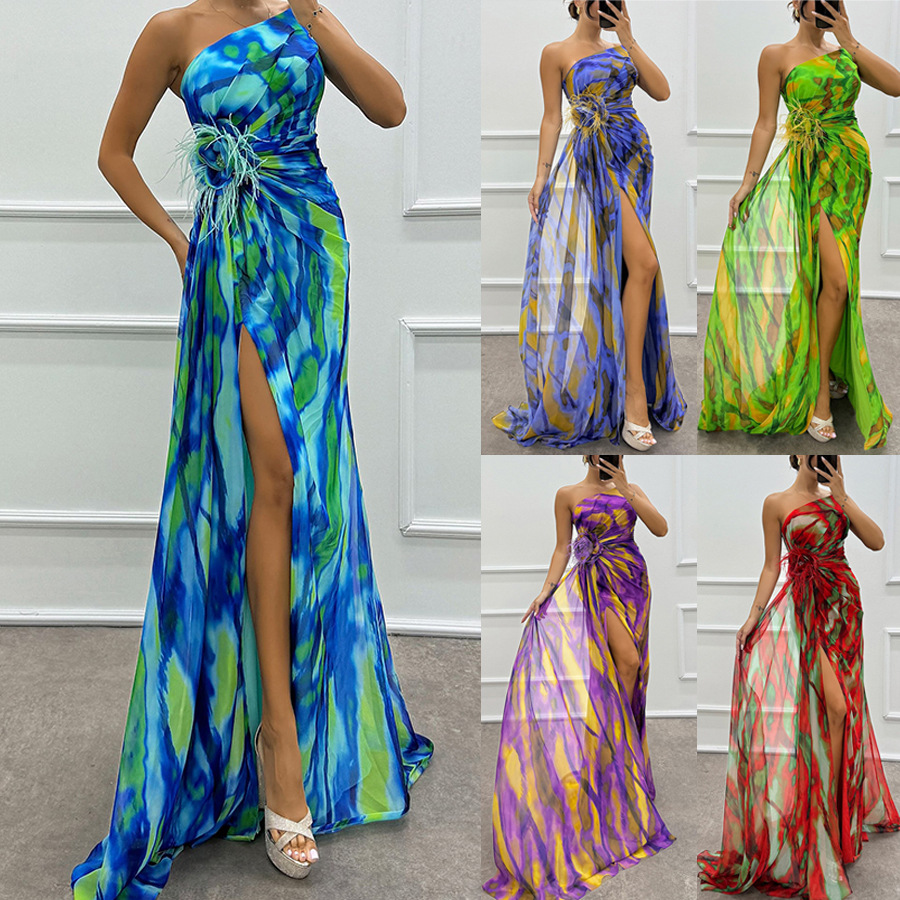 409g Weight Maxi Long Dress Dress Length Type Sleeveless Sleeve Length Swing Dress Dresses Type Polyester, Chiffon Fabric Type Mid Waist Waist Line Holiday, Cocktail Party Occasion Oblique collar Neckline Slim Fit Type Color Block Pattern Summer Season Women's Gender Printing, Zipper Design Elegant, Sexy Style Wholesale Women's Elegant Sexy Printing Zipper Color Block Holiday Cocktail Party Oblique Collar Sleeveless Swing Dress 无