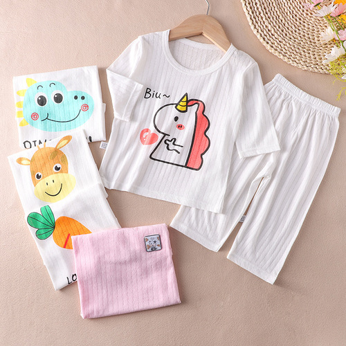 Dropshipping children's summer pure cotton air-conditioning clothing thin three-quarter sleeve suit 1-7 years old girls 3 boys home clothes