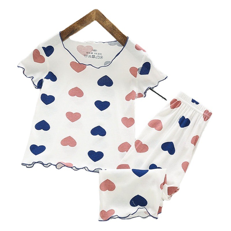 Tela espiral de seda de hielo pijamas de bebé verano amor fino estilo occidental ropa de verano para niñas ropa de casa de dos piezas ropa de aire acondicionado