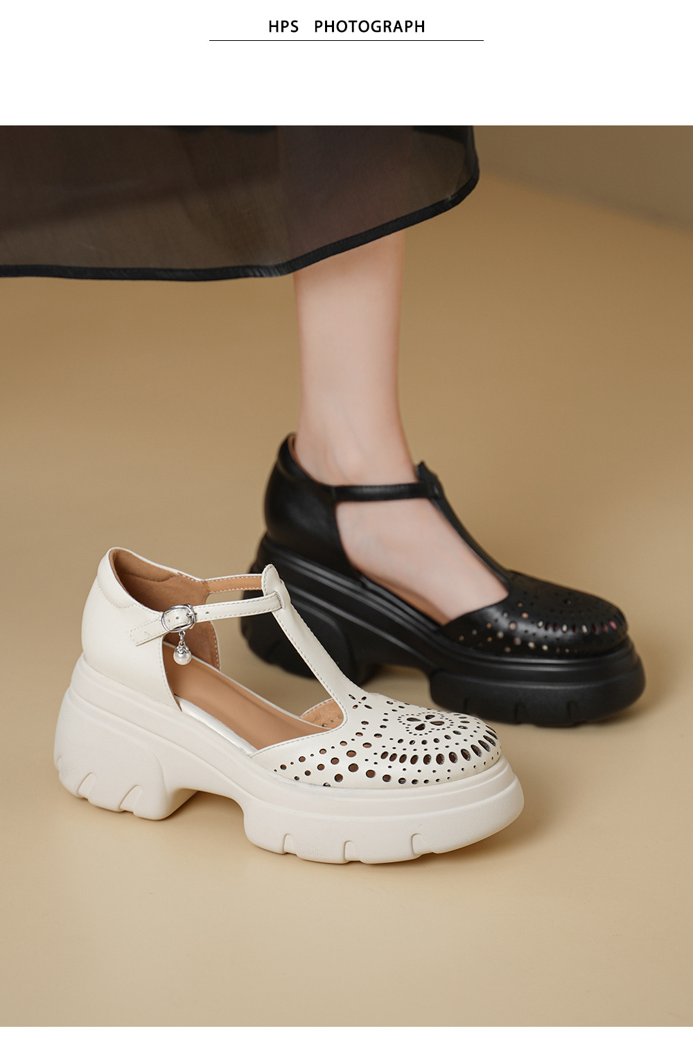 Giày cao gót nữ đế xuồng platform 8 cm, mũi tròn bít, quai chữ T kiểu Mary Jane, họa tiết khoét lỗ thoáng khí — màu đen, màu mơ chi tiết 1