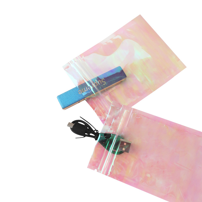 Pendientes de regalo de la joyería bolsa de embalaje bolsa de plástico transparente de color mágico sellado de color Iris láser ziplock bolsa en stock