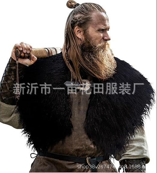 男性式バイキング毛襟マント中世戦士毛皮マントハロウィーンLARP冬コスプレ衣装|undefined