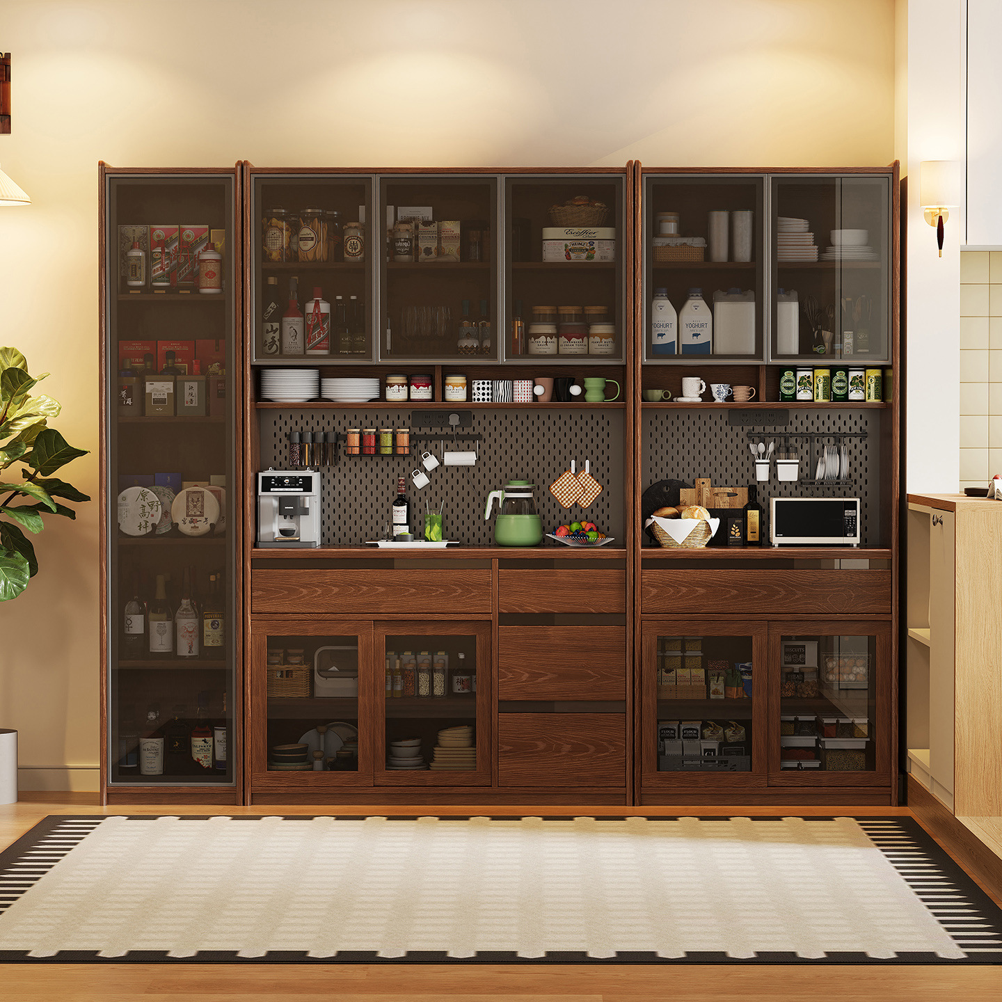 Solid Wood Sideboard Large Capacity Storage Wall-Mounted Integrated Storage Cabinet Mid-Century Style Black Walnut Storage Cabinet Storage