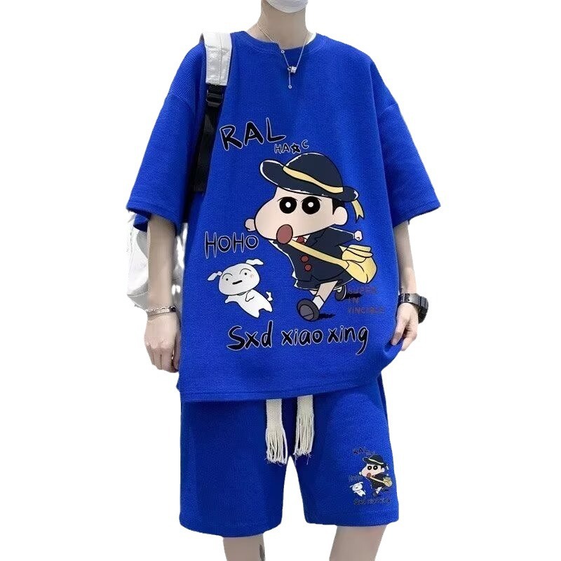 A set of matching loose suit waffle heavy half sleeve men's T-shirt summer Japanese fashion ins short sleeve T-shirt