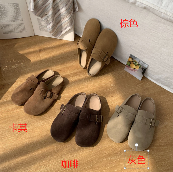 牛皮版~ 厚底勃肯鞋包头半拖鞋女外穿2025懒人鞋一脚蹬丑萌半拖鞋|undefined