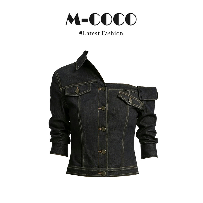 In Stock for Summer: American-Style Unique Asymmetrical Off-Shoulder Denim Shirt for Women, New Spring Model, Very Attractive Mid-Sleeve Top In Stock for Summer: American-Style Unique Asymmetrical Off-Shoulder Denim Shirt for Women, New Spring Model, Very Attractive Mid-Sleeve Top