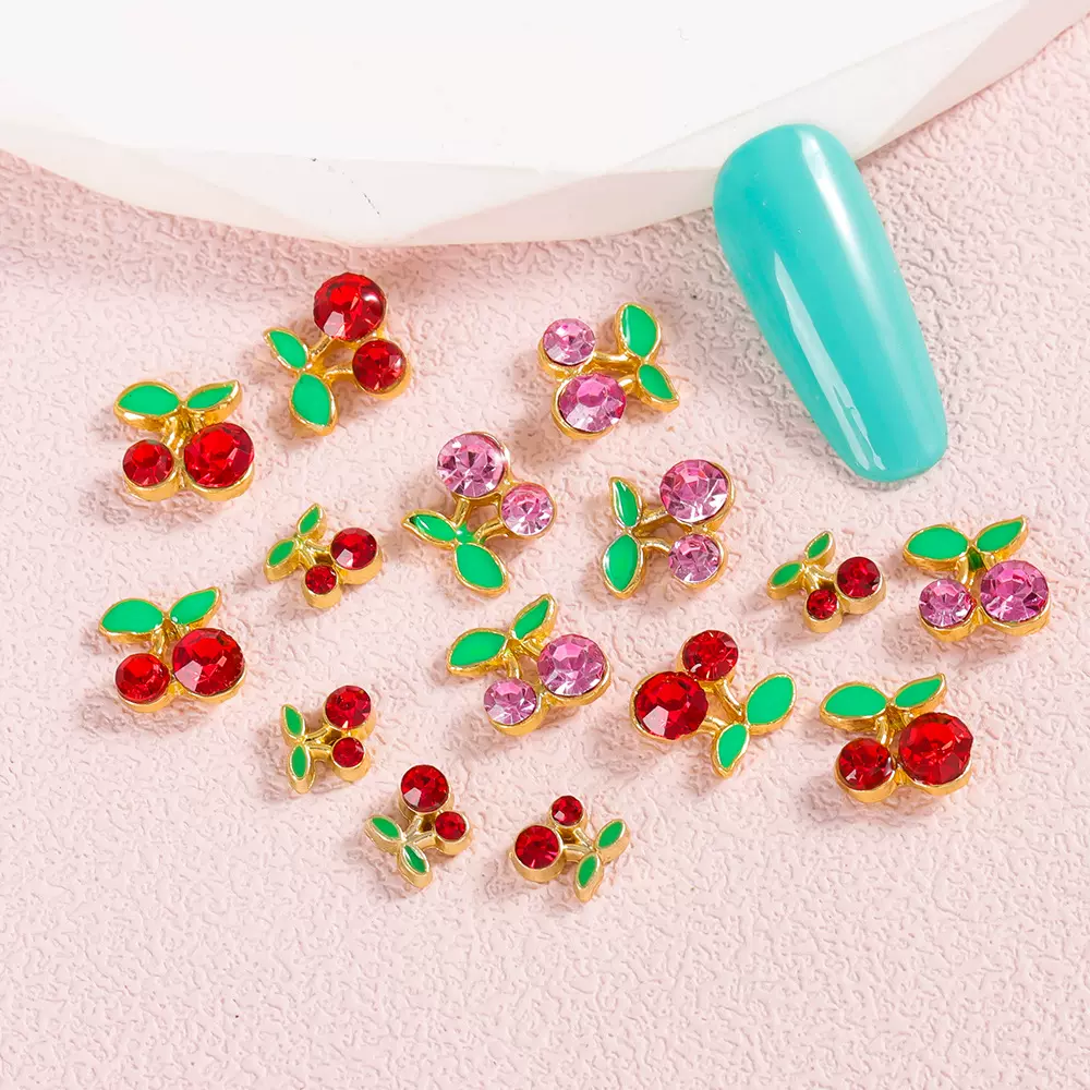 跨境工厂美甲饰品  樱桃新款金属多色钻日式指甲贴小樱桃源头工厂
