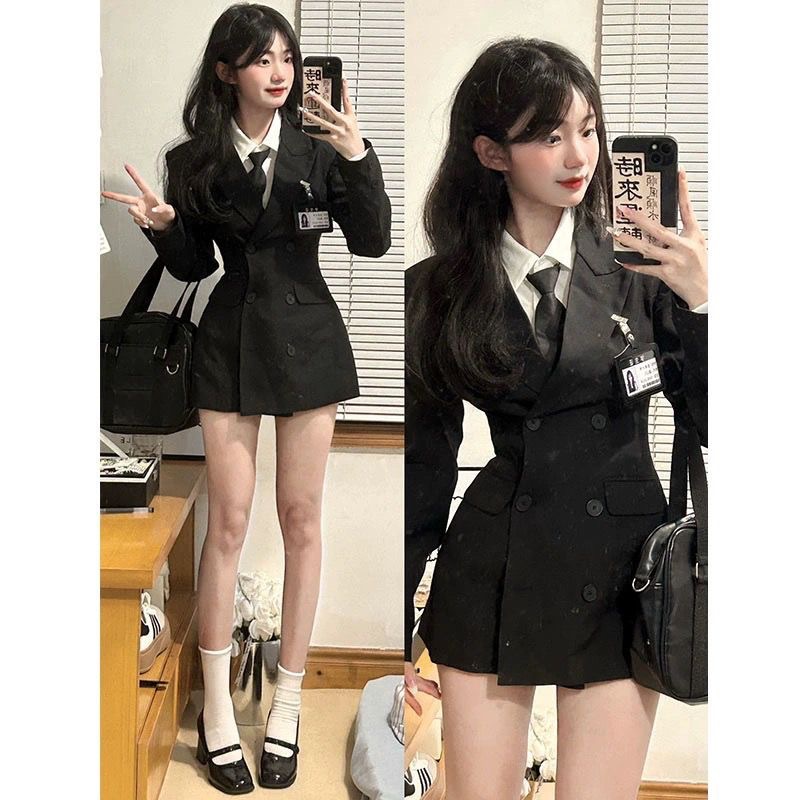 한국 드라마 아카데미 스타일 세트 세트 원피스 여자 가을 겨울 JK 유니폼 허리 세트 코트 셔츠 엉덩이 스커트 3 피스 세트