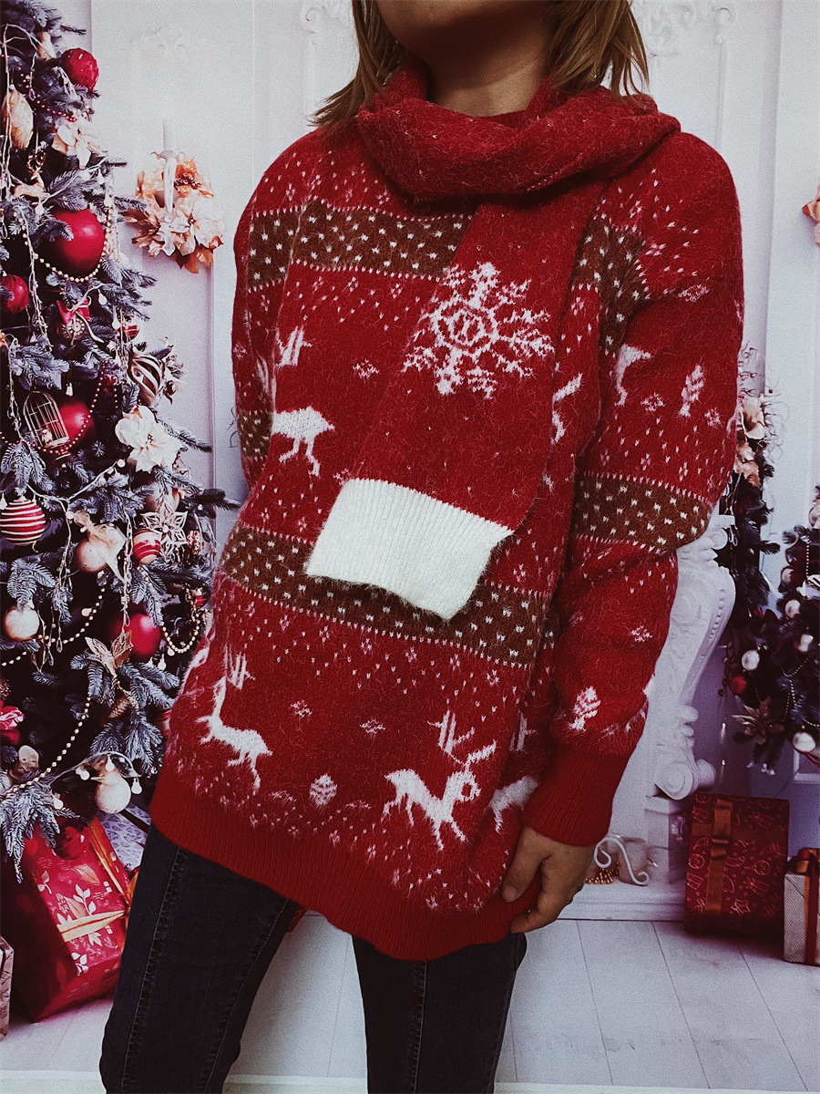 Damen Weihnachtspullover Mit Schal Im Rentier- Und Schneeflockenmuster_voghion.com