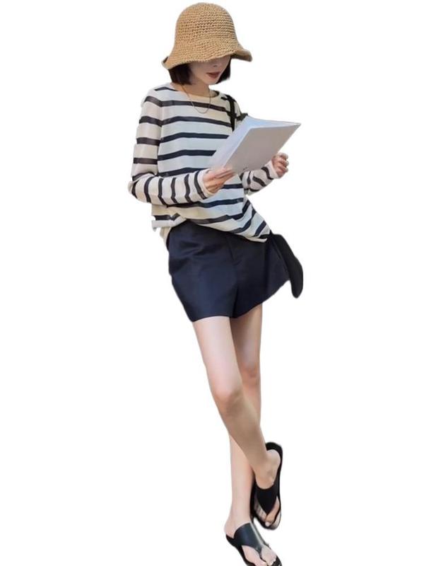 韩系黑白条纹长袖防晒t恤空调衫女夏季吊带外搭慵懒风罩衫上衣薄1|undefined
