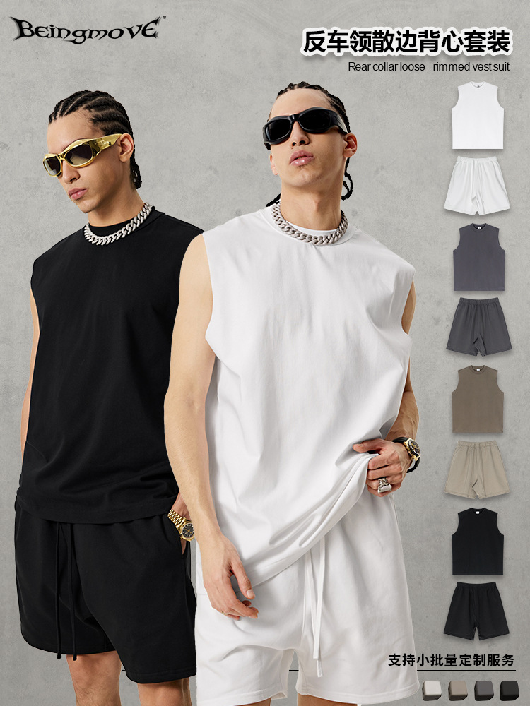 2025 verano marca de moda transfronteriza europea y americana, chaleco rizado con cuello anti-coche, chaleco suelto, pantalones cortos sin mangas, hombres