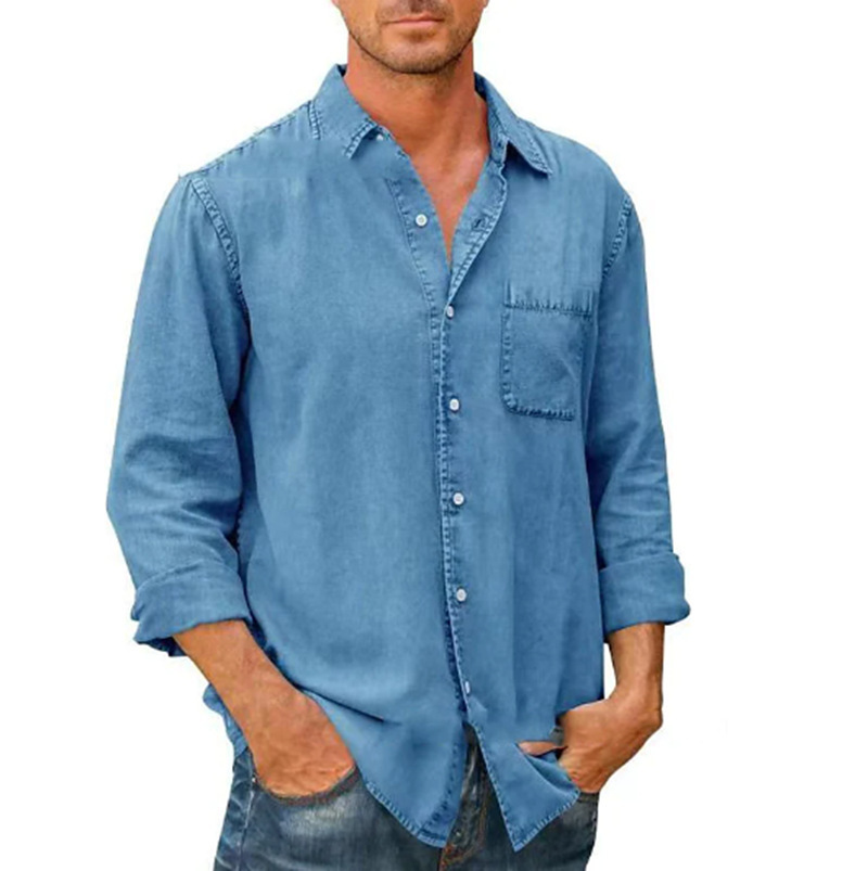 2022 Amazon nueva camisa de otoño para hombre solapa bolsillo de color sólido camisa de un solo pecho camisa de manga larga para hombre