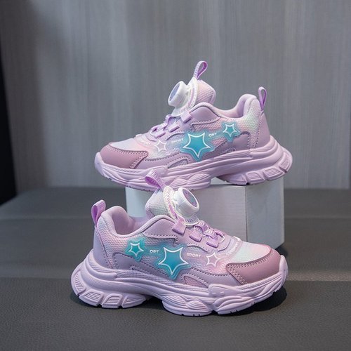 Children's Sports Shoes 2024 Spring and Autumn New Girls' Glowing Lights Rotating Button Dad's Shoes Little Girls' Running Shoes