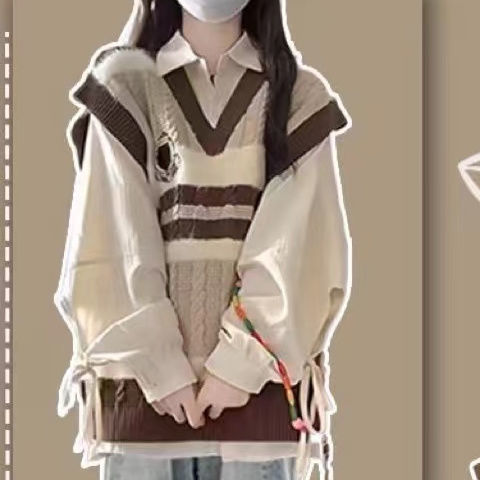 2025新款秋季温柔系穿搭女一整套韩版衬衫针织马甲牛仔裤三件套装|undefined