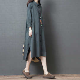秋装新款2023韩版宽松大码女装时尚纯色中长款中袖衬衫连衣裙