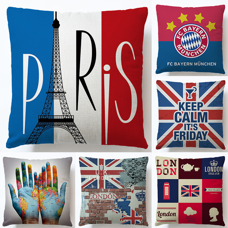 地图世界杯32强亚麻抱枕套各国足球俱乐部国旗队徽靠垫汽车沙发垫
