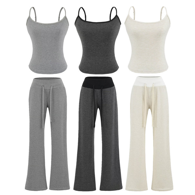 American-Style Elastic Slim Camisole with Drawstring High-Waisted Straight-Leg Casual Pants Color-Block Striped Set for Women Summer American-Style Elastic Slim Camisole with Drawstring High-Waisted Straight-Leg Casual Pants Color-Block Striped Set for Women Summer