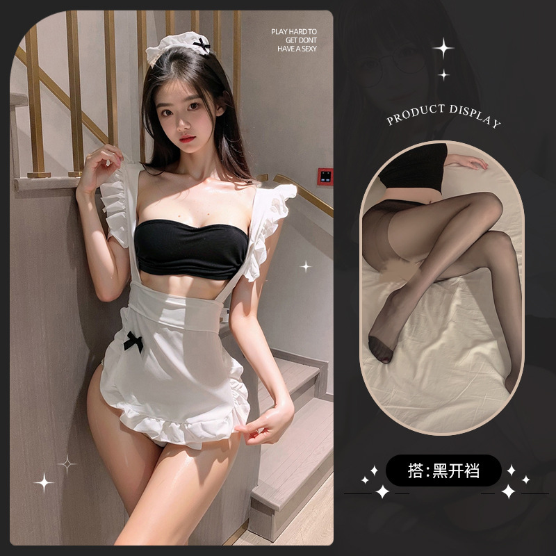 메이드복[머리띠+긴팔탑+T바지+옷]+검은색 오픈양말