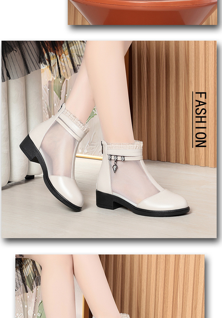 Boot lưới da thật cổ thấp gót giữa cho nữ — Trắng be (kiểu bao đầu) chi tiết 10