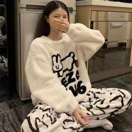 2025新款加厚加绒保暖冬天法兰绒家居服套装珊瑚绒睡衣女款秋冬季