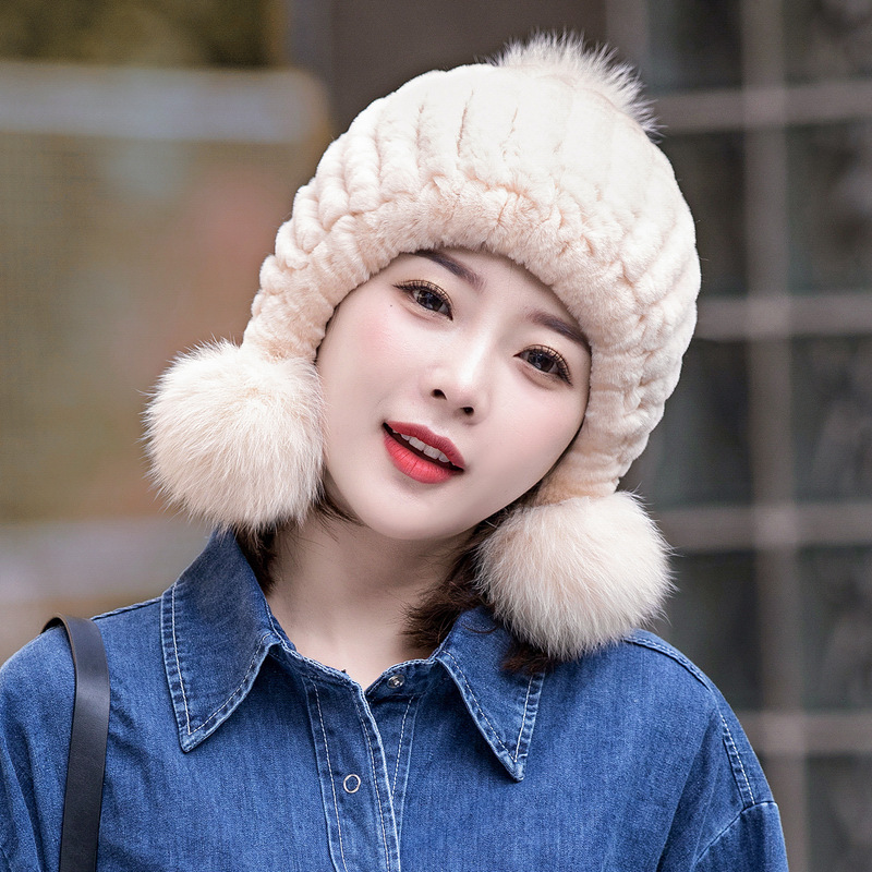 lady winter new pattern Ear leather and fur Hat Rabbit hair weave Fox Three balls keep warm thickening Adult Hat