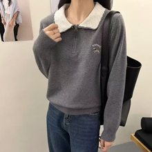 韩系学院风撞色拼接领针织上衣秋冬新款刺绣时尚百搭宽松毛衣
