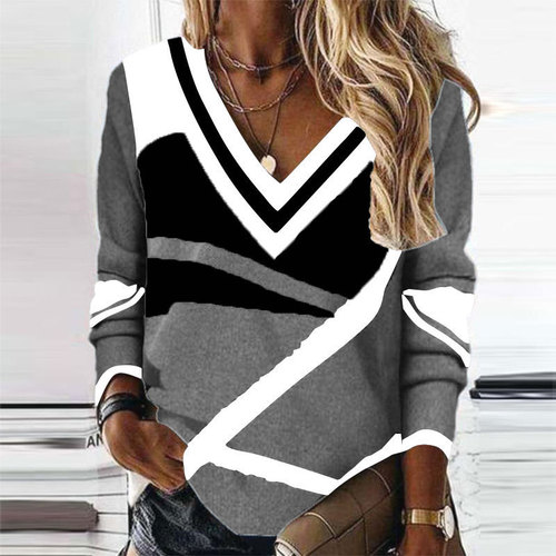New European and American cross-border women's clothing style Amazon AliExpress V-neck contrasting geometric print style loose long-sleeved sweater