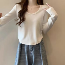 欧美风实拍U领长袖T恤女秋冬德绒加绒加厚内搭短款保暖纯色小衫