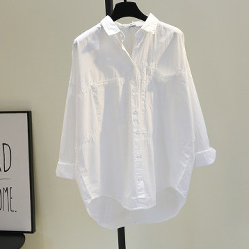 Double Flap Pocket Pants Short Front and Long Back White Shirt for Women 2025 Spring & Fall K-Style Loose Literary Bf Style Casual Shirt Trend