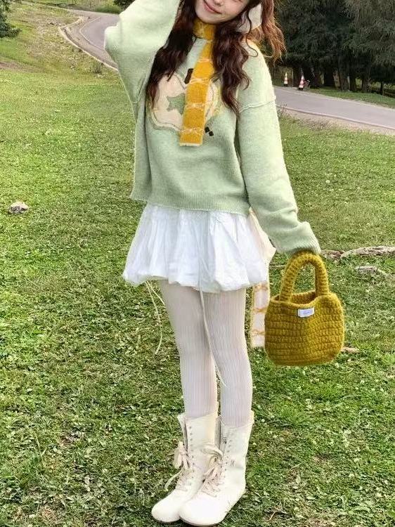 设计感苹果提花套头圆领毛衣女秋冬季甜酷减龄宽松显瘦慵懒针织衫|undefined
