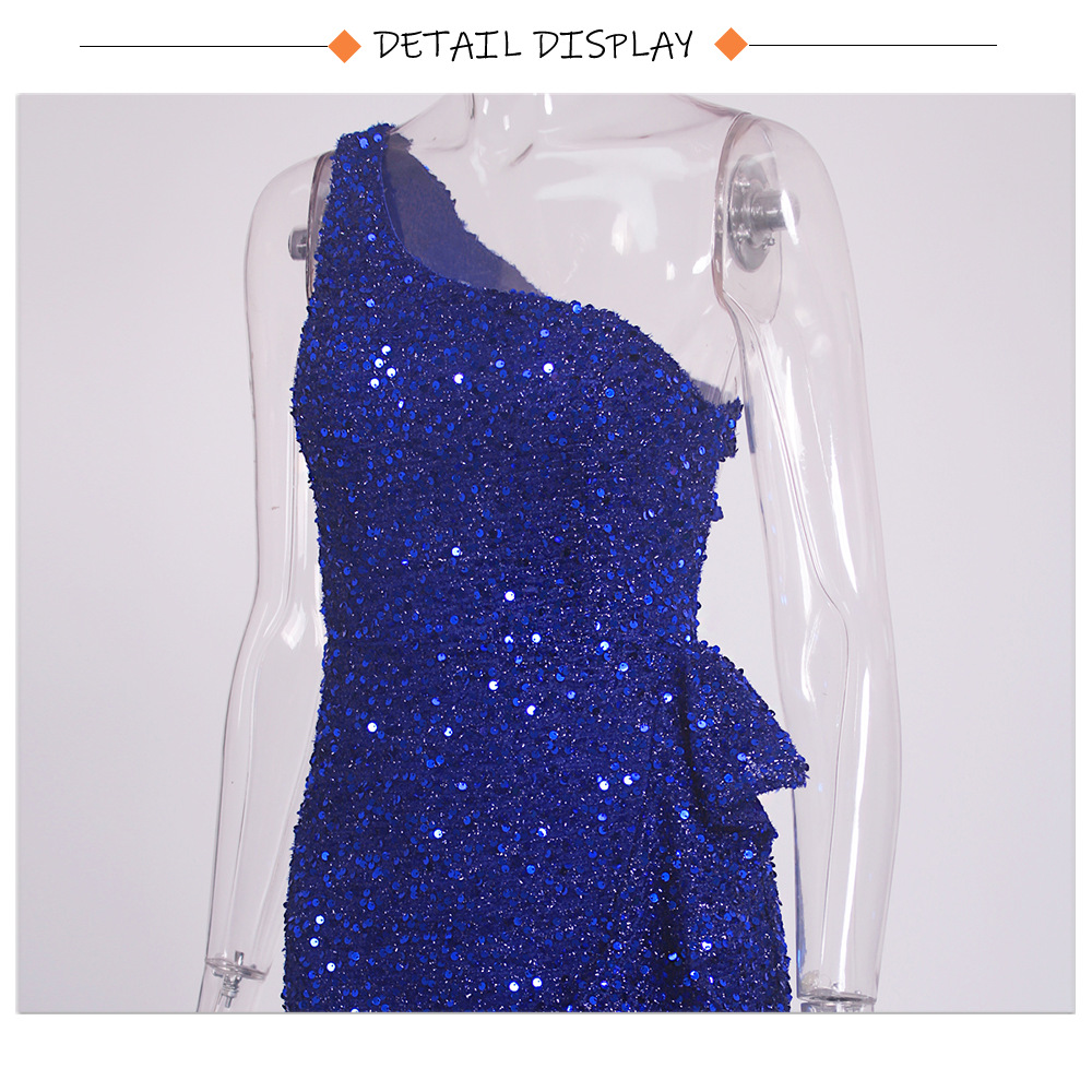 Elegant One-shoulder Sequin Evening Dress With Lace And Slit Detail_voghion.com
