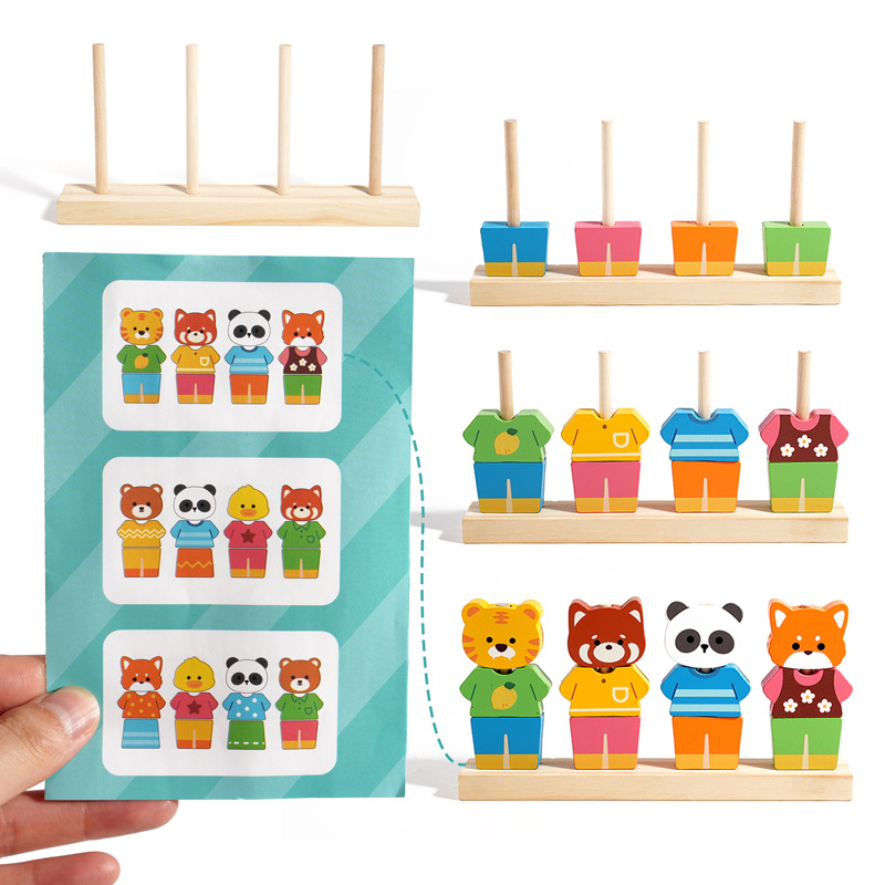 Los niños animales cambian de vestir con patrón de columna de emparejamiento de colores ejercicio cognitivo de movimiento fino juguetes de madera de educación temprana