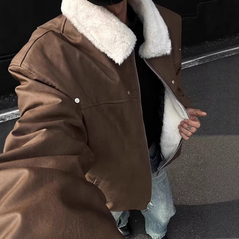 American-Style Thickened Lambswool Warm Leather Jacket for Men, Autumn and Winter Vintage Turn-Down Collar Biker Cotton Coat American-Style Thickened Lambswool Warm Leather Jacket for Men, Autumn and Winter Vintage Turn-Down Collar Biker Cotton Coat