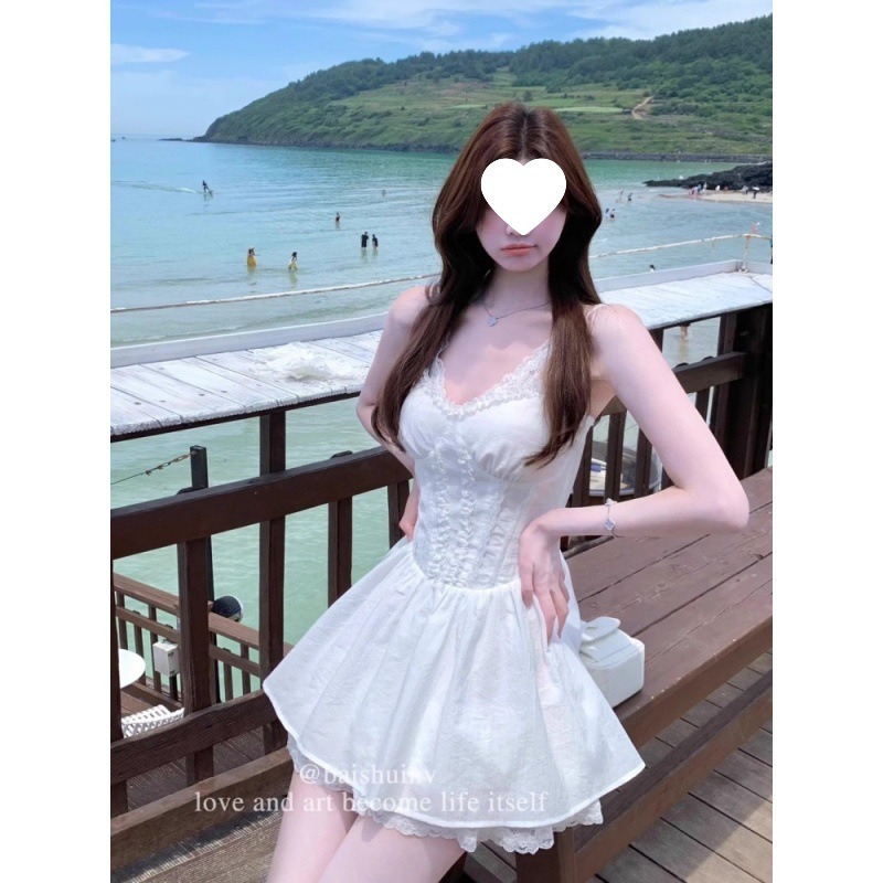 フランスの美しいレーススカート偽ツーピースVネックレース白ドレス女性の痩身純粋な欲望の気質ショートスカート|undefined