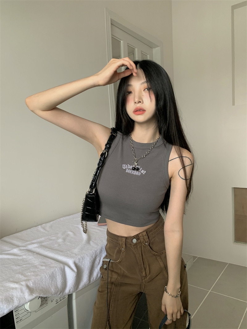 Nuevo estilo retro bordado caliente chica de algodón en forma de I Chaleco con almohadilla en el pecho Sling camisa de fondo exterior sin mangas