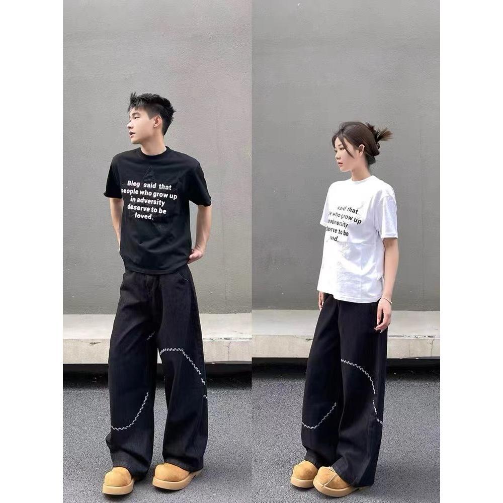 Jeans machete negro para hombres 2025 nuevo diseño bordado sensación de piernas largas sueltas pantalones casuales de moda